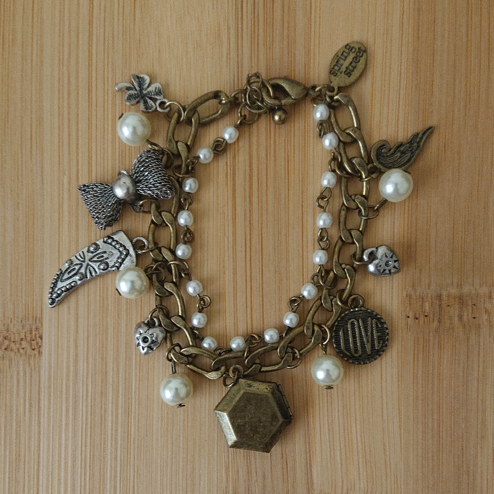 Spring Street - Gold and Silver Coloured Charm Bracelet - Faux Pearls, Love